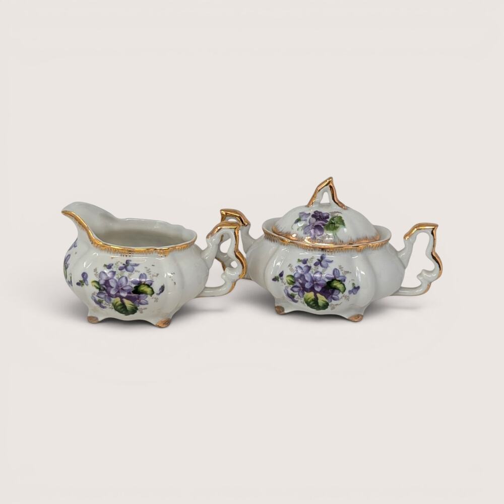 1950s Napco Porcelain Violet Cream and Sugar Set